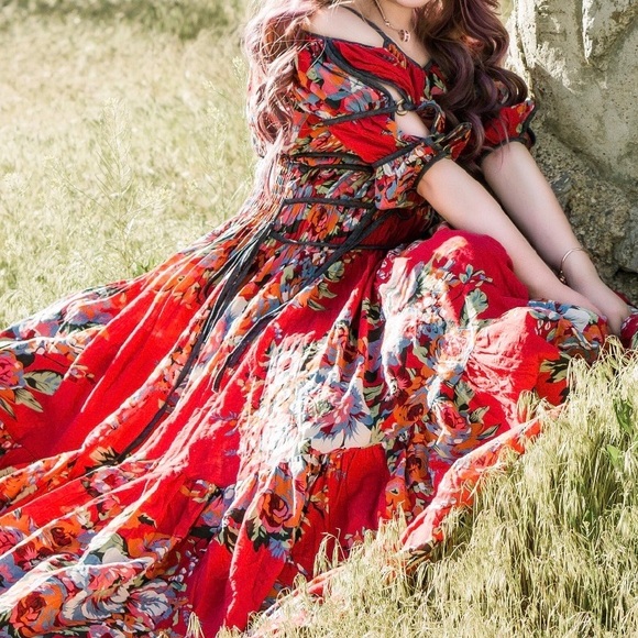Floral Tie Waist Maxi Dress - Red - Picture 5 of 7